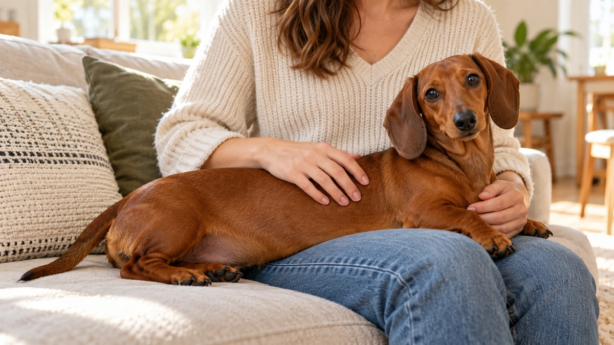 Dakhund Sosis Köpek köpek — sahibinin kucağında